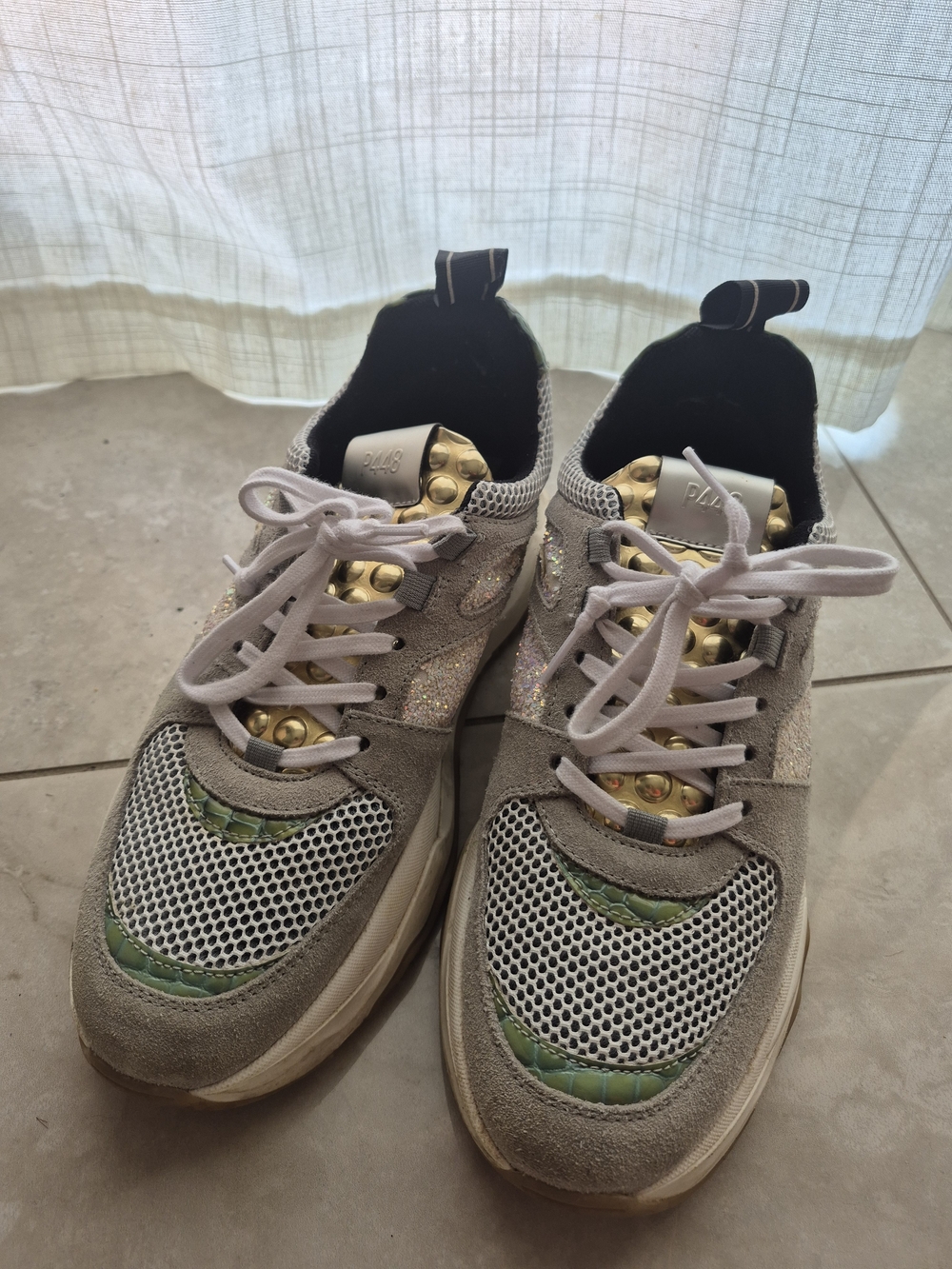 P448 Women's Gray and Green Sneakers with Gold Accents